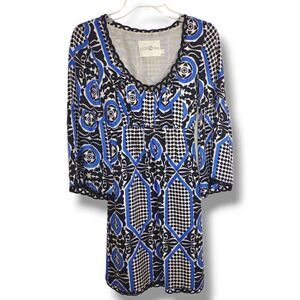 Alice & Trixie Blue Black Silk Dress 3/4 Bell Sleeves Scoop Neck Sz S